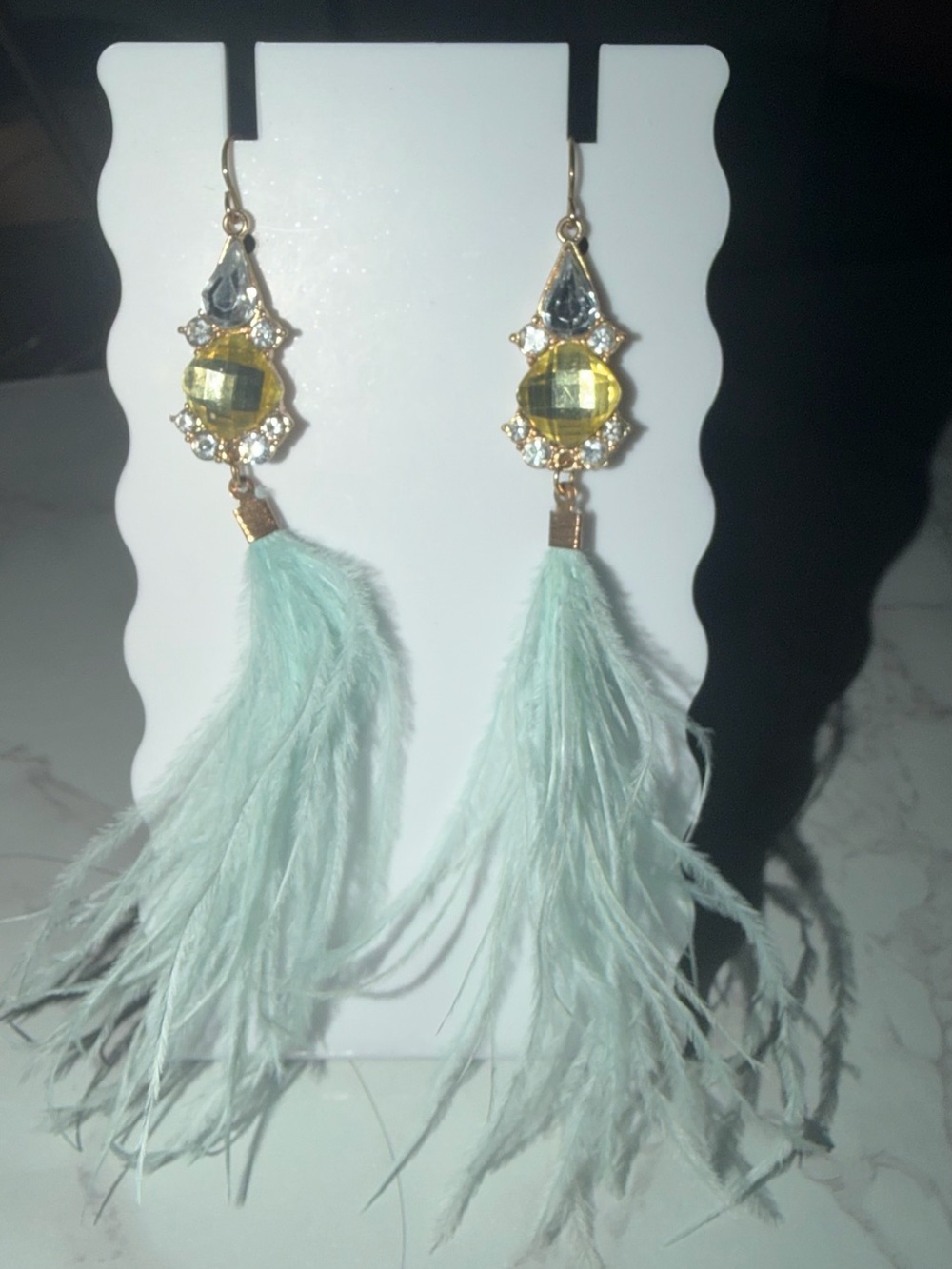 Gold-Tone Mint Feather Drop Earrings with Yellow Crystal Accents